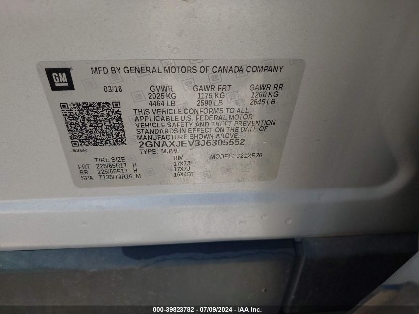 2018 Chevrolet Equinox Lt VIN: 2GNAXJEV3J6305552 Lot: 39823782