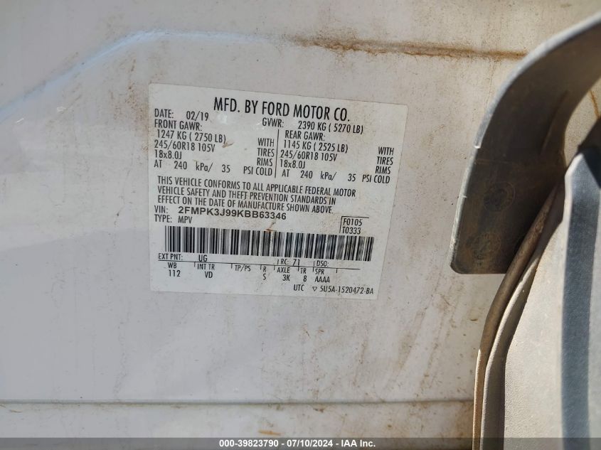 2019 Ford Edge Sel VIN: 2FMPK3J99KBB63346 Lot: 39823790