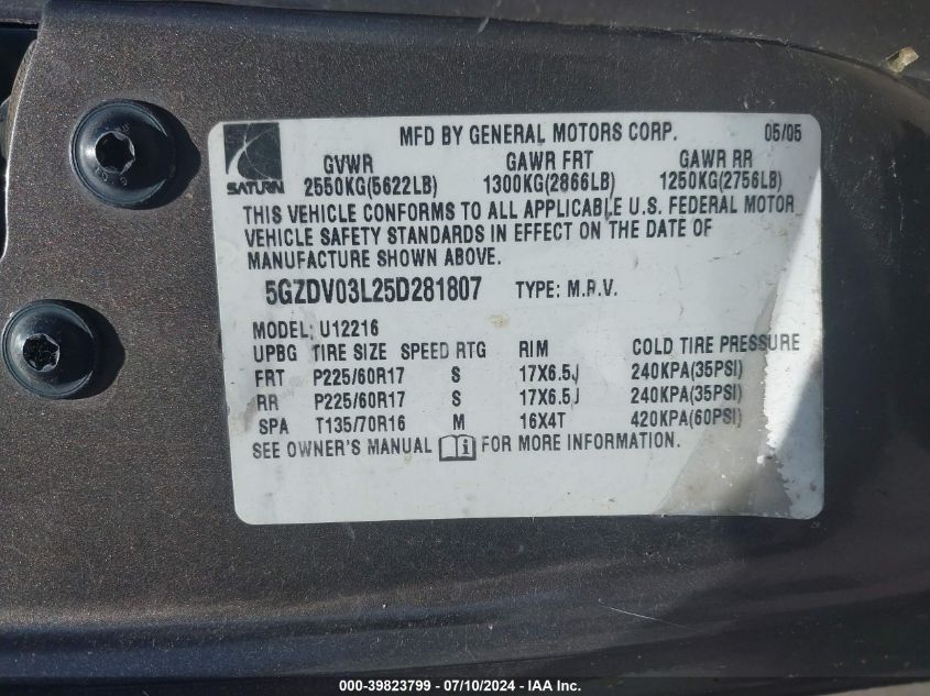 2005 Saturn Relay Fwd VIN: 5GZDV03L25D281807 Lot: 39823799