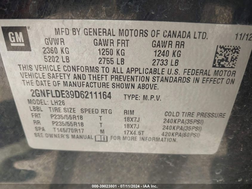 2013 Chevrolet Equinox 1Lt VIN: 2GNFLDE39D6211164 Lot: 39823801