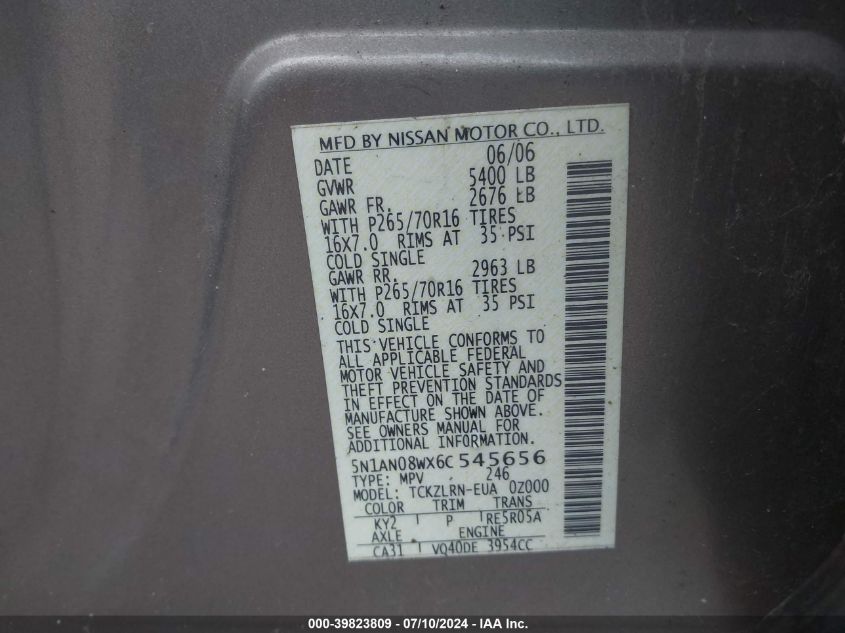 2006 Nissan Xterra Off Road/S/Se VIN: 5N1AN08WX6C545656 Lot: 39823809