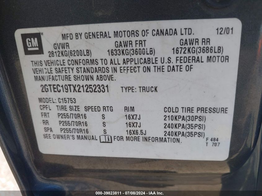 2002 GMC Sierra 1500 Sle VIN: 2GTEC19TX21252331 Lot: 39823811