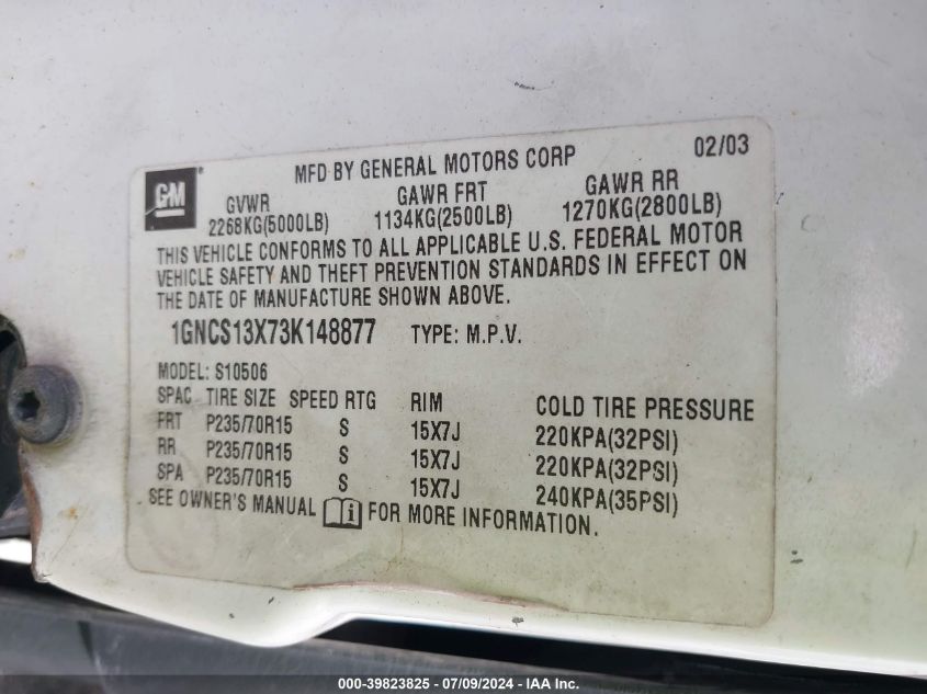 2003 Chevrolet Blazer Ls VIN: 1GNCS13X73K148877 Lot: 39823825
