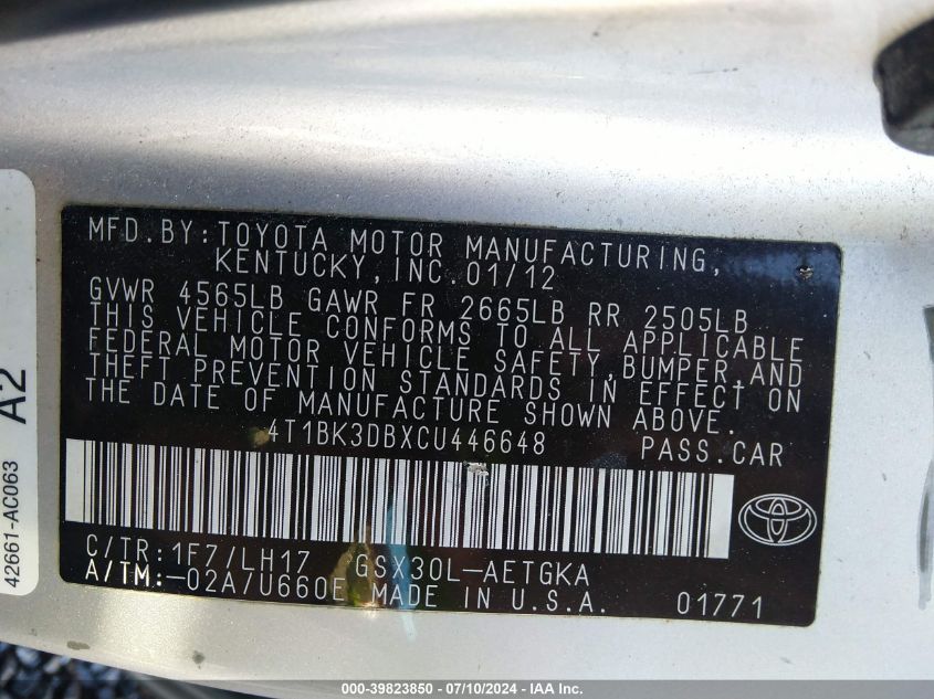 2012 Toyota Avalon VIN: 4T1BK3DBXCU446648 Lot: 39823850