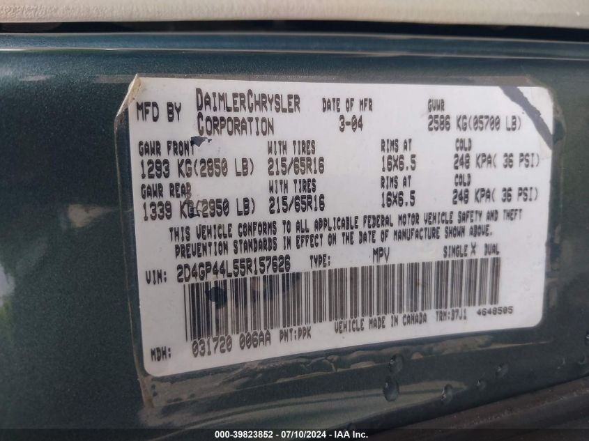 2005 Dodge Grand Caravan Sxt VIN: 2D4GP44L55R157626 Lot: 39823852