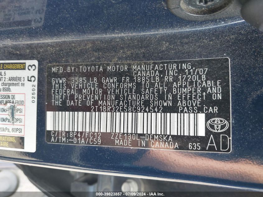 2008 Toyota Corolla S VIN: 2T1BR32E58C924542 Lot: 39823857