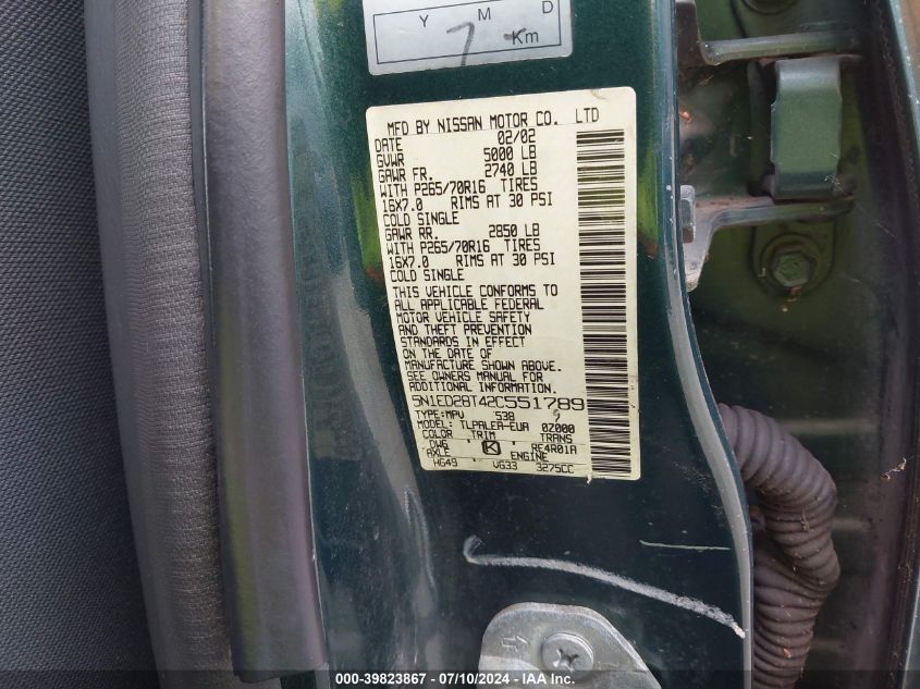 2002 Nissan Xterra Xe VIN: 5N1ED28T42C551789 Lot: 39823867