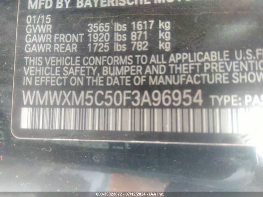 2015 Mini Hardtop Cooper VIN: WMWXM5C50F3A96954 Lot: 39823872