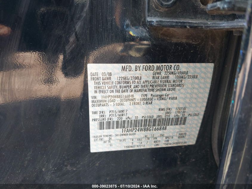 2008 Ford Taurus Sel VIN: 1FAHP24W88G166848 Lot: 39823875