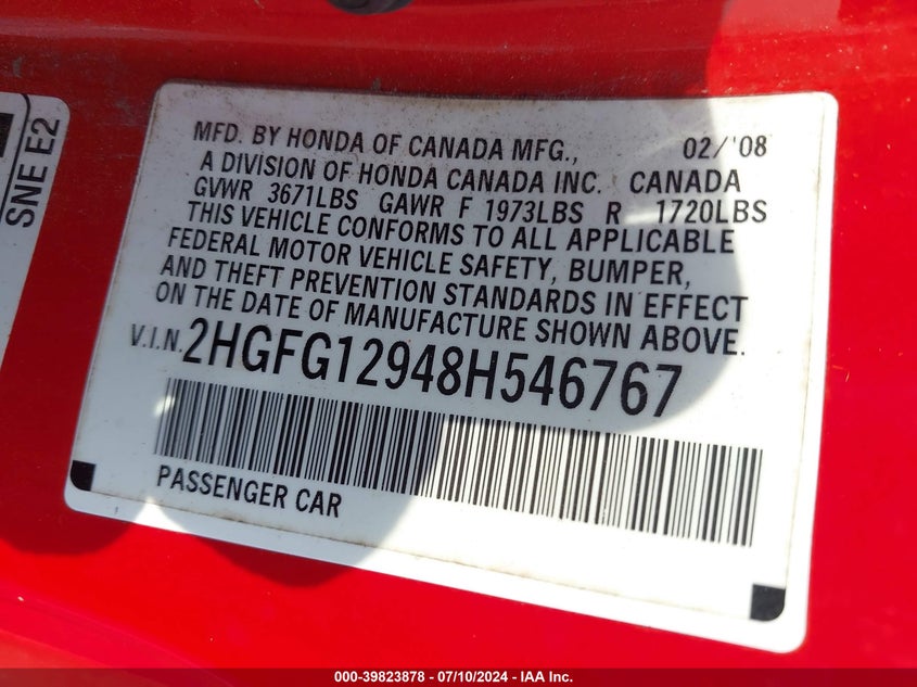 2008 Honda Civic Exl VIN: 2HGFG12948H546767 Lot: 39823878