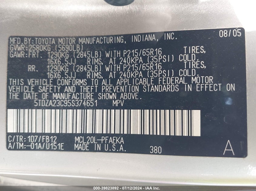 2005 Toyota Sienna Le VIN: 5TDZA23C95S374651 Lot: 39823892