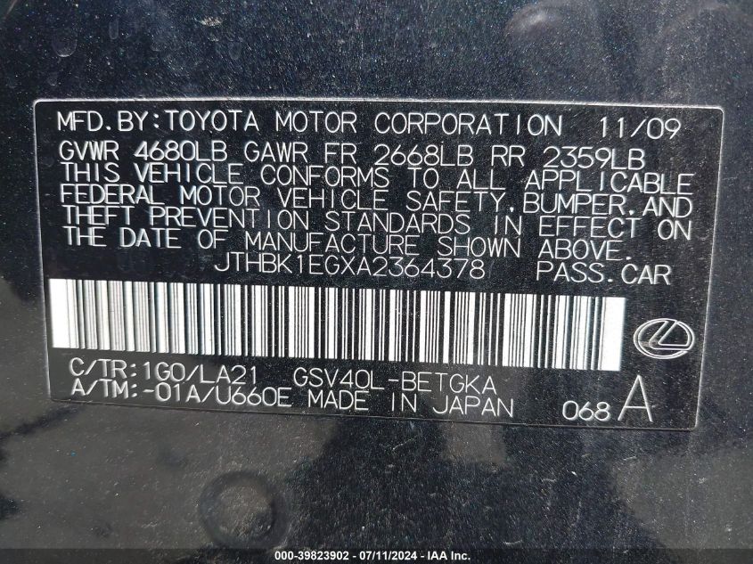 2010 Lexus Es 350 VIN: JTHBK1EGXA2364378 Lot: 39823902