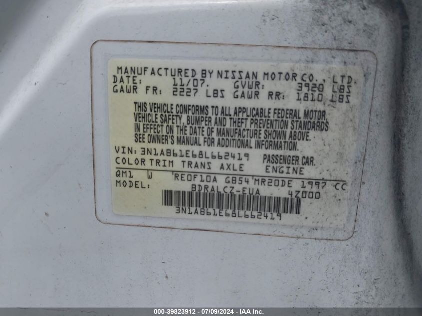 2008 Nissan Sentra 2.0 VIN: 3N1AB61E68L662419 Lot: 39823912