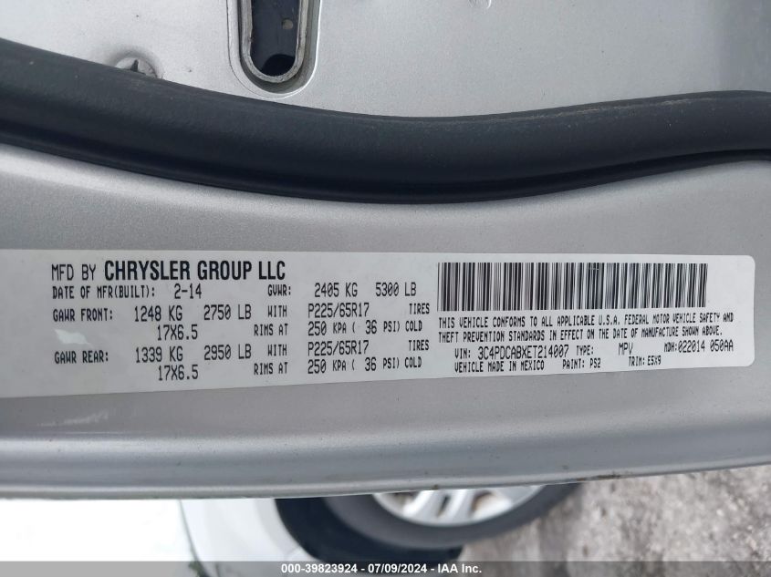 2014 Dodge Journey American Value Pkg VIN: 3C4PDCABXET214007 Lot: 39823924