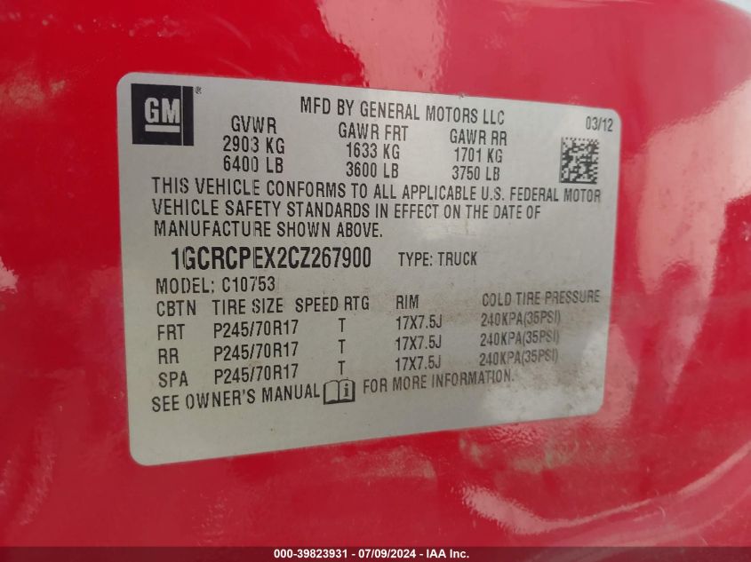 2012 Chevrolet Silverado 1500 C1500 VIN: 1GCRCPEX2CZ267900 Lot: 39823931