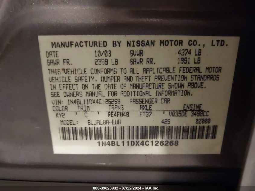 2004 Nissan Altima 3.5 Se VIN: 1N4BL11DX4C126268 Lot: 39823932