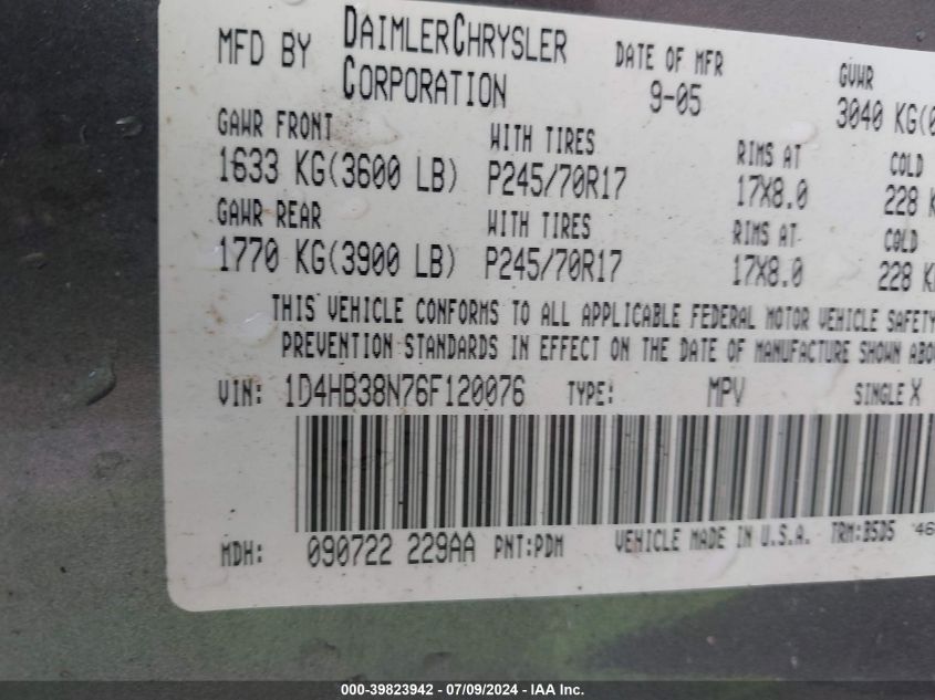 2006 Dodge Durango Sxt VIN: 1D4HB38N76S120076 Lot: 39823942