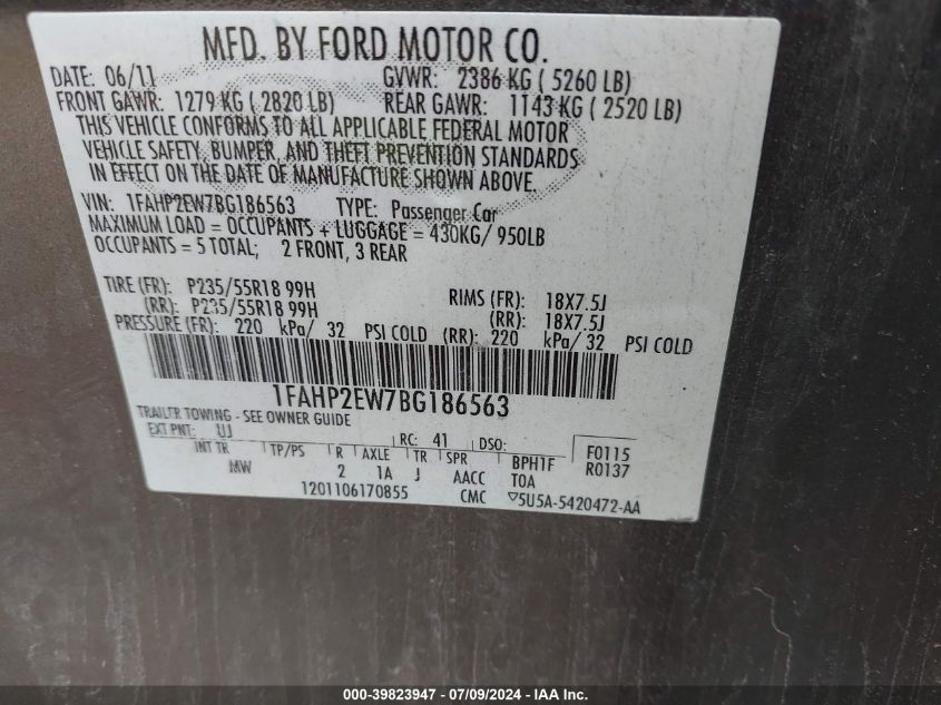 2011 Ford Taurus Sel VIN: 1FAHP2EW7BG186563 Lot: 39823947