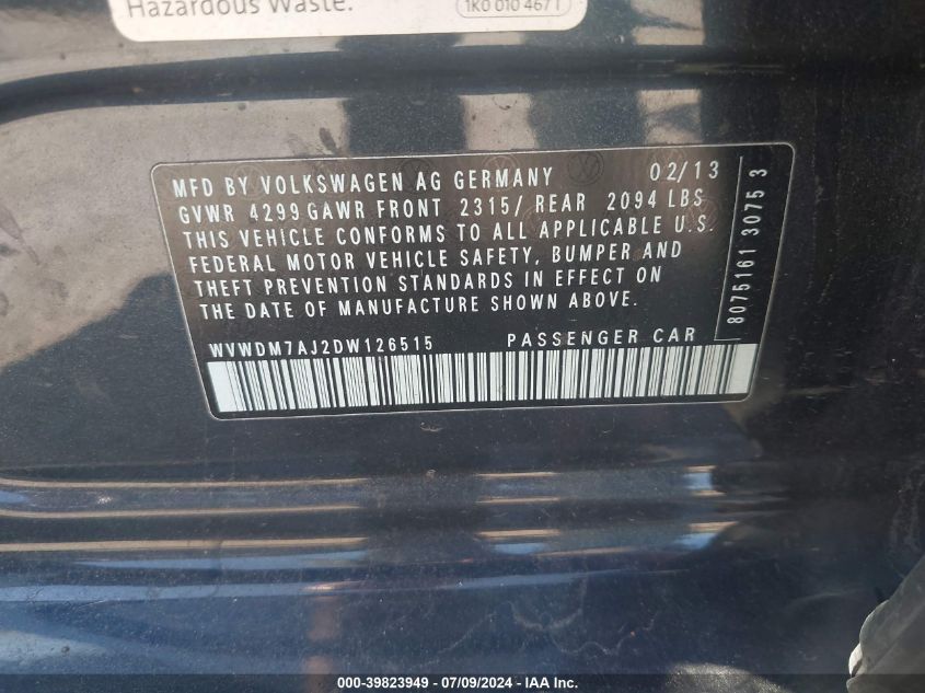 2013 Volkswagen Golf VIN: WVWDM7AJ2DW126515 Lot: 39823949
