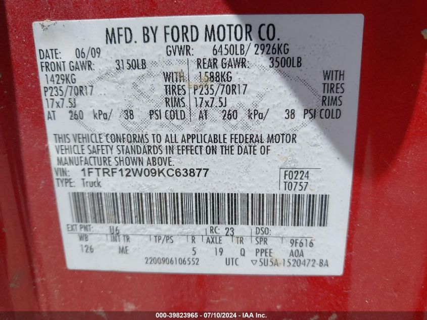2009 Ford F-150 Stx/Xl/Xlt VIN: 1FTRF12W09KC63877 Lot: 39823965