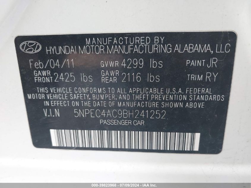 2011 Hyundai Sonata Se/Limited VIN: 5NPEC4AC9BH241252 Lot: 39823968