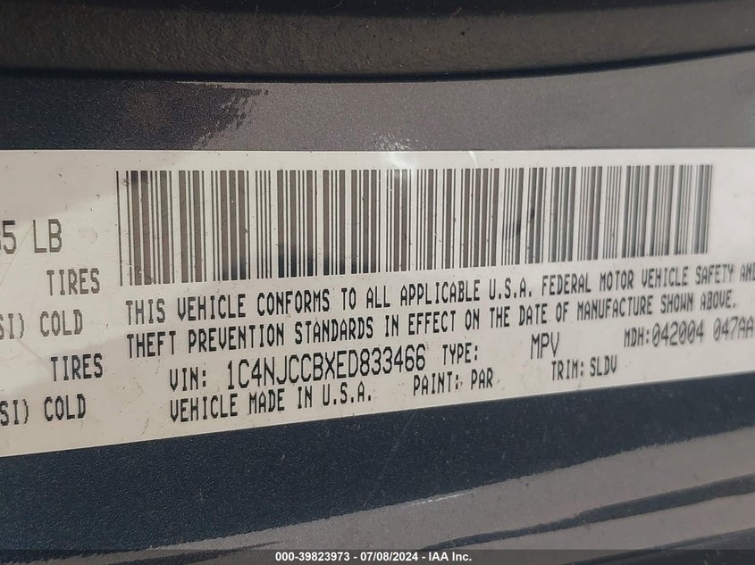 2014 Jeep Compass Limited VIN: 1C4NJCCBXED833466 Lot: 39823973