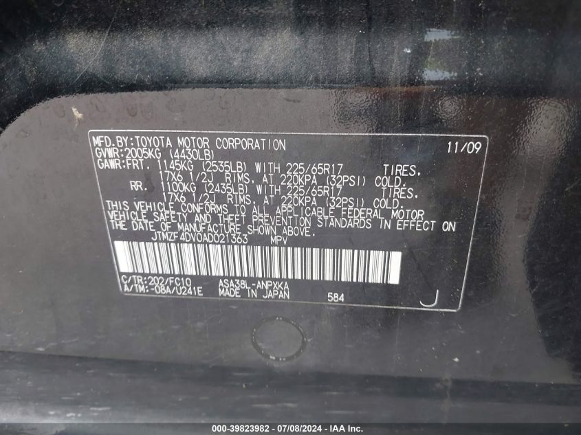2010 Toyota Rav4 VIN: JTMZF4DV0AD021363 Lot: 39823982
