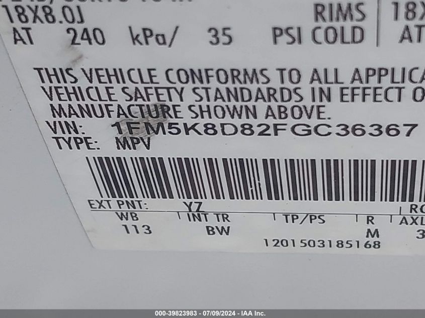 2015 Ford Explorer Xlt VIN: 1FM5K8D82FGC36367 Lot: 39823983