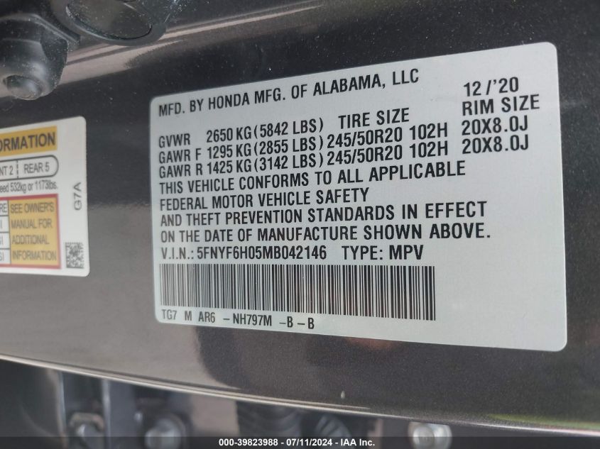 2021 Honda Pilot Awd Elite VIN: 5FNYF6H05MB042146 Lot: 39823988