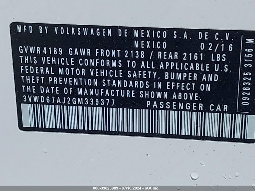 2016 Volkswagen Jetta Se VIN: 3VWD67AJ2GM339377 Lot: 39823989