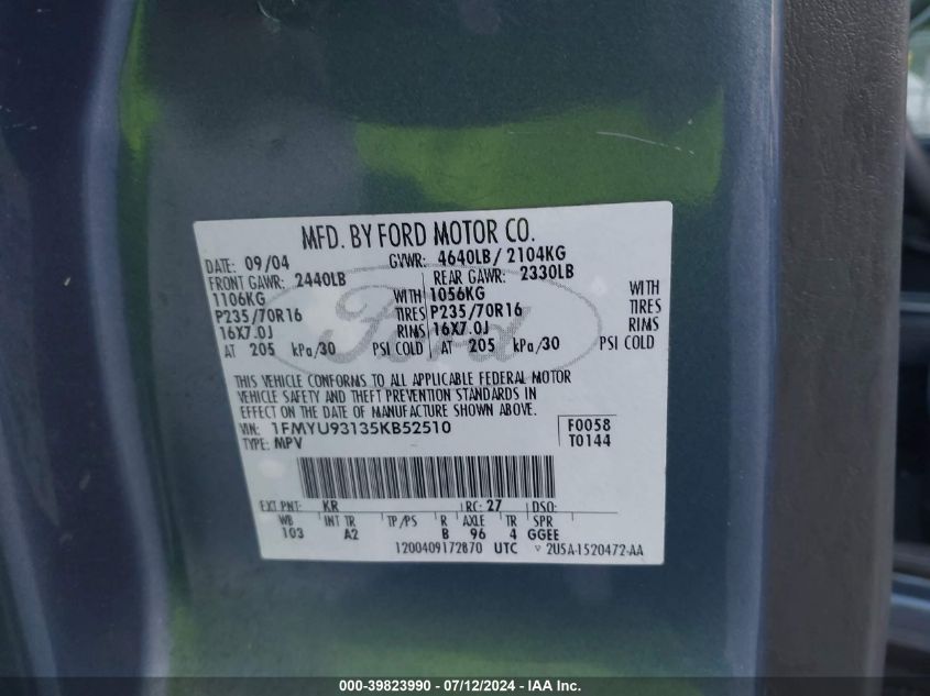 2005 Ford Escape Xlt VIN: 1FMYU93135KB52510 Lot: 39823990