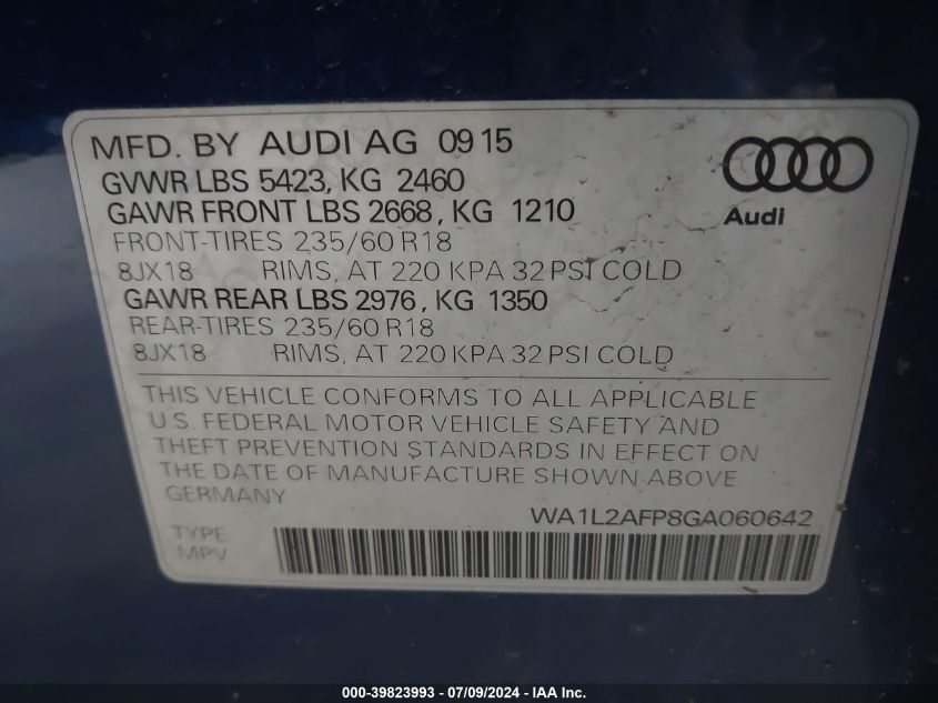 2016 Audi Q5 2.0T Premium VIN: WA1L2AFP8GA060642 Lot: 39823993