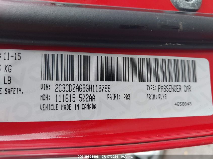 2016 Dodge Challenger Sxt Plus VIN: 2C3CDZAG9GH119788 Lot: 39823998