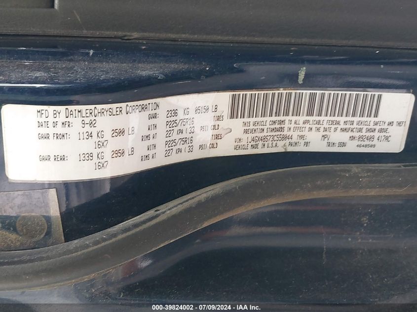 2003 Jeep Grand Cherokee Laredo VIN: 1J4GX48S73C558044 Lot: 39824002