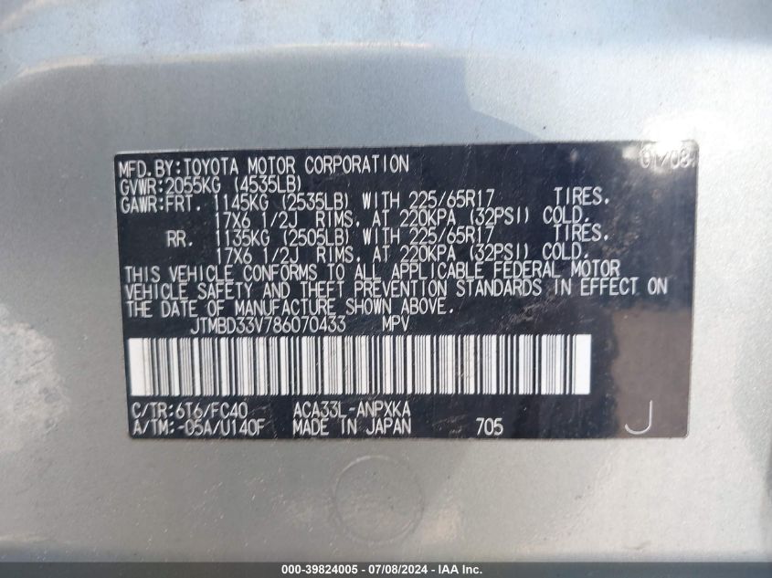 2008 Toyota Rav4 VIN: JTMBD33V786070433 Lot: 39824005