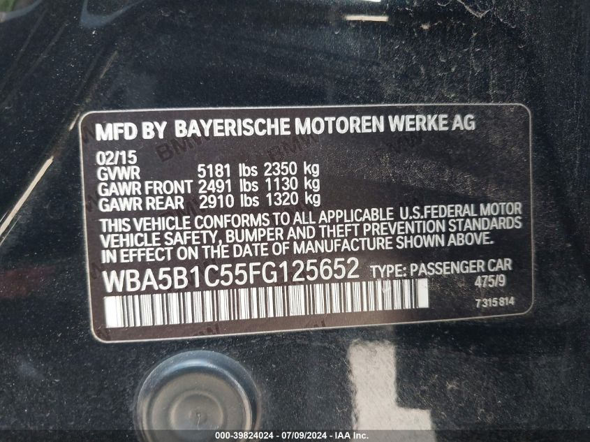 2015 BMW 535I I VIN: WBA5B1C55FG125652 Lot: 39824024
