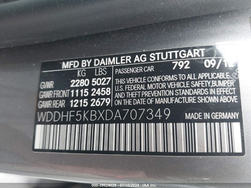 2013 Mercedes-Benz E 350 VIN: WDDHF5KBXDA707349 Lot: 39824029