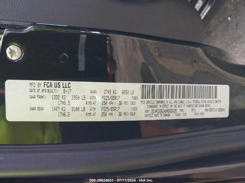 2017 Dodge Grand Caravan Se Plus VIN: 2C4RDGBGXHR856695 Lot: 39824031