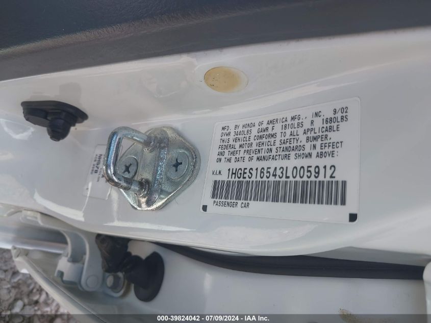 2003 Honda Civic Lx VIN: 1HGES16543L005912 Lot: 39824042