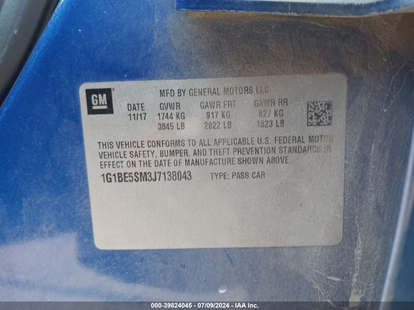 2018 Chevrolet Cruze Lt VIN: 1G1BE5SM3J7138043 Lot: 39824045