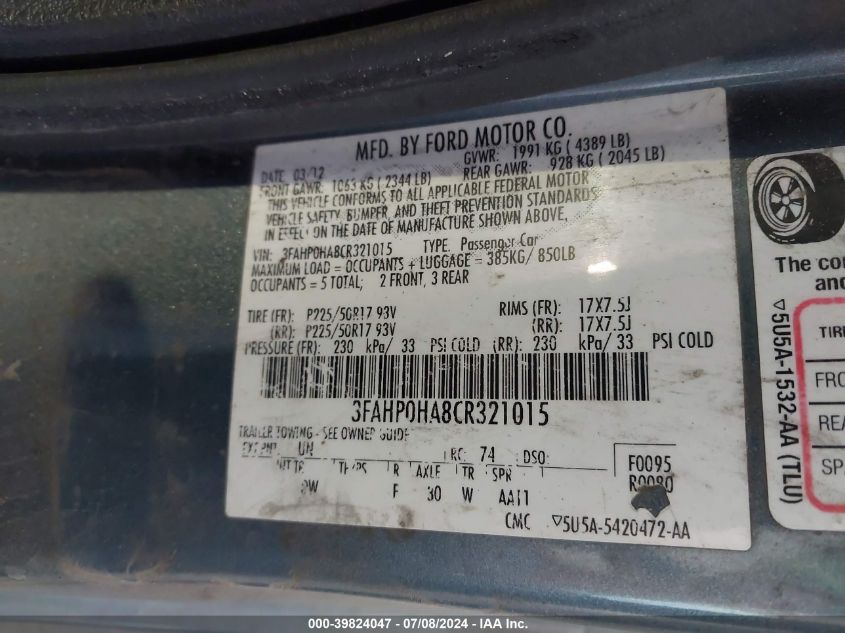 2012 Ford Fusion Se VIN: 3FAHP0HA8CR321015 Lot: 39824047