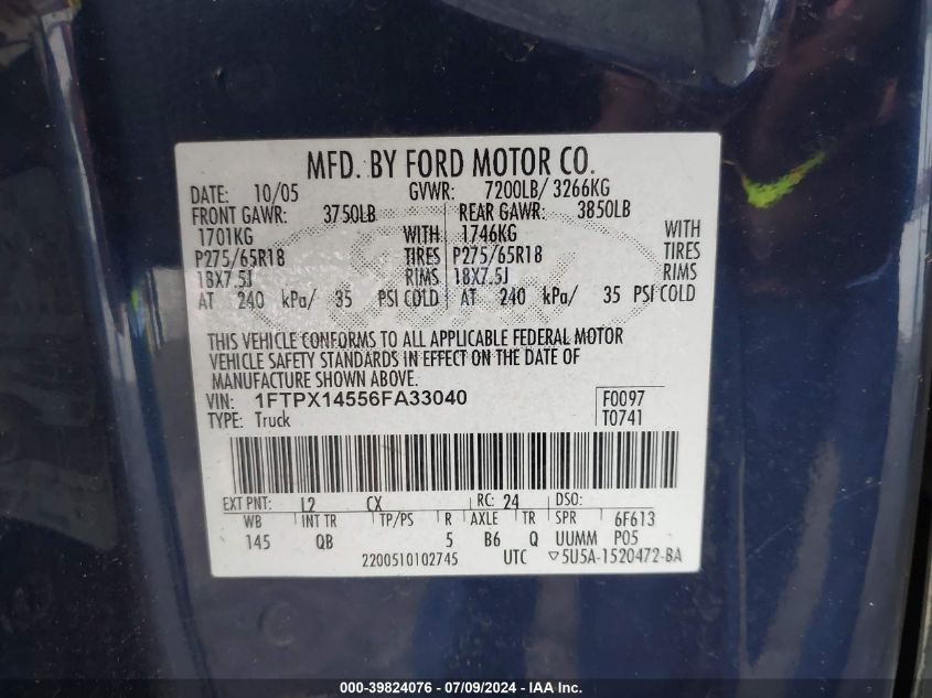 2006 Ford F-150 VIN: 1FTPX14556FA33040 Lot: 39824076