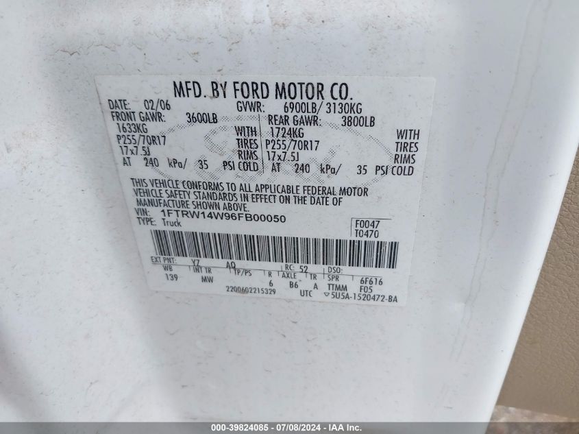 2006 Ford F-150 Xlt VIN: 1FTRW14W96FB00050 Lot: 39824085