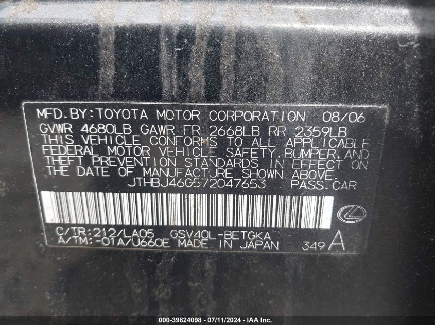 2007 Lexus Es 350 VIN: JTHBJ46G572047653 Lot: 39824098