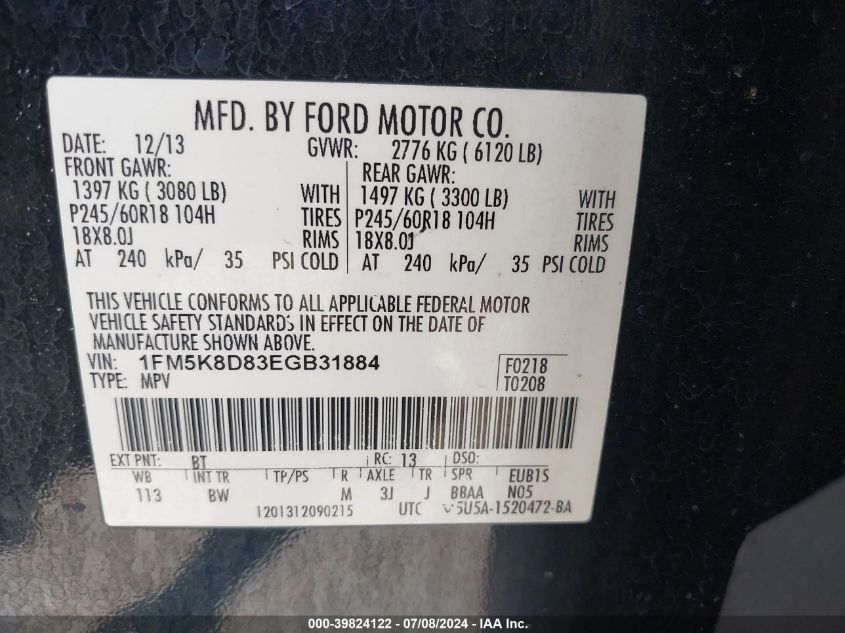 2014 Ford Explorer Xlt VIN: 1FM5K8D83EGB31884 Lot: 39824122