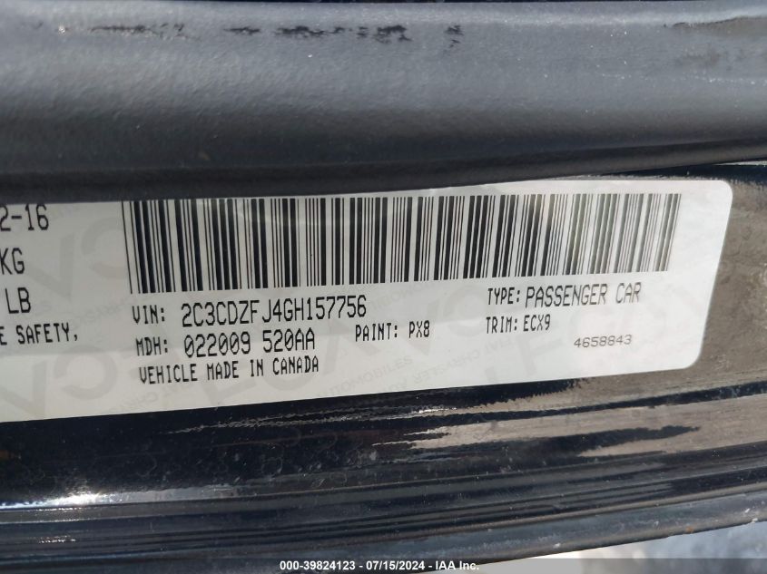 2016 Dodge Challenger R/T Scat Pack VIN: 2C3CDZFJ4GH157756 Lot: 39824123