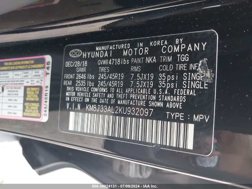 2019 Hyundai Tucson Sport VIN: KM8J33AL2KU932097 Lot: 39824131