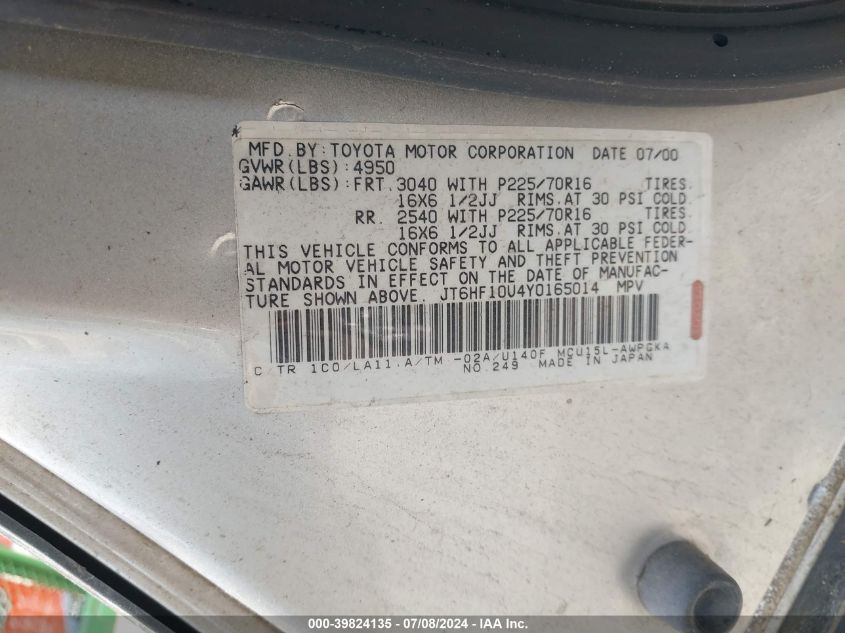 2000 Lexus Rx 300 VIN: JT6HF10U4Y0165014 Lot: 39824135