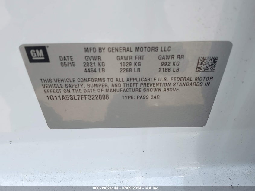 2015 Chevrolet Malibu 1Fl VIN: 1G11A5SL7FF322008 Lot: 39824144