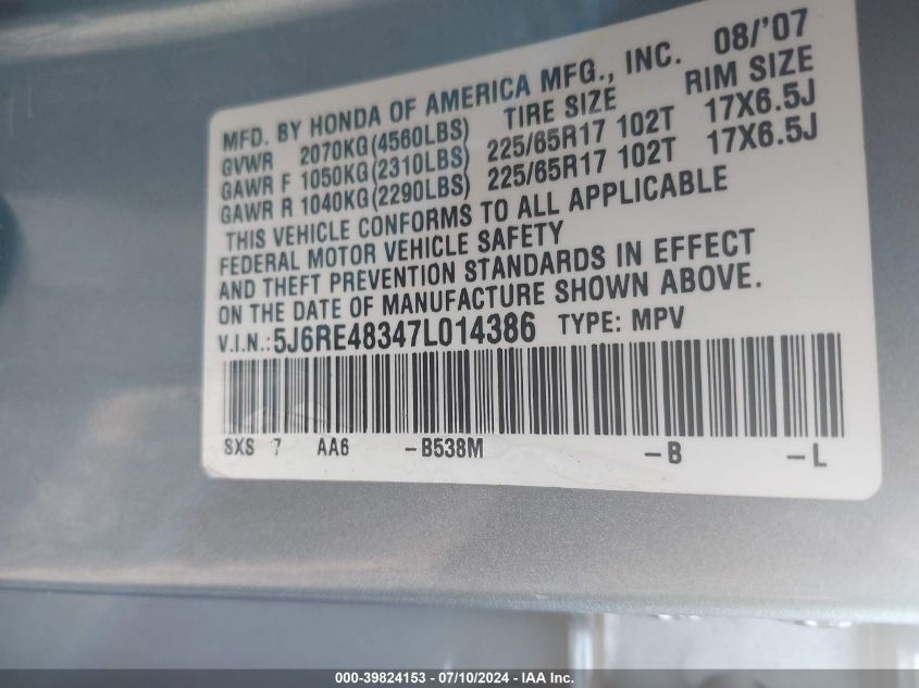 2007 Honda Cr-V Lx VIN: 5J6RE48347L014386 Lot: 39824153